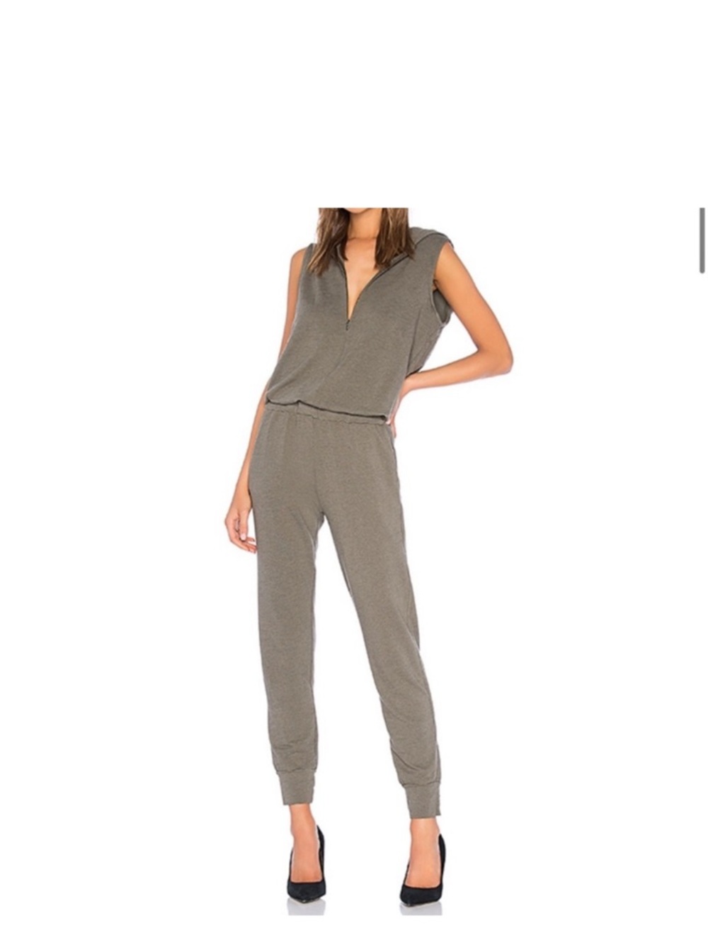 Monrow Olive Sleeveless Zip-Front Jumpsuit
